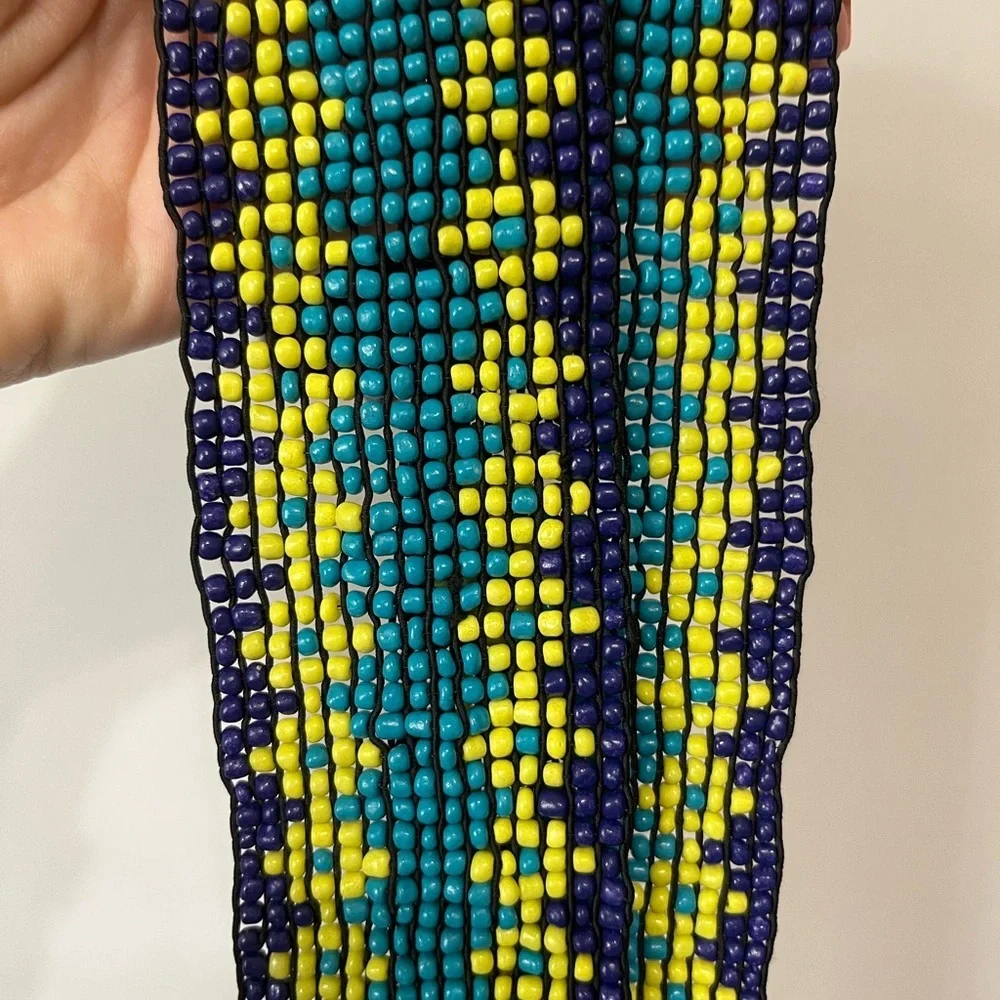 Stretchy Wide Blue Yellow /Green Beaded Wood Buckle Belt